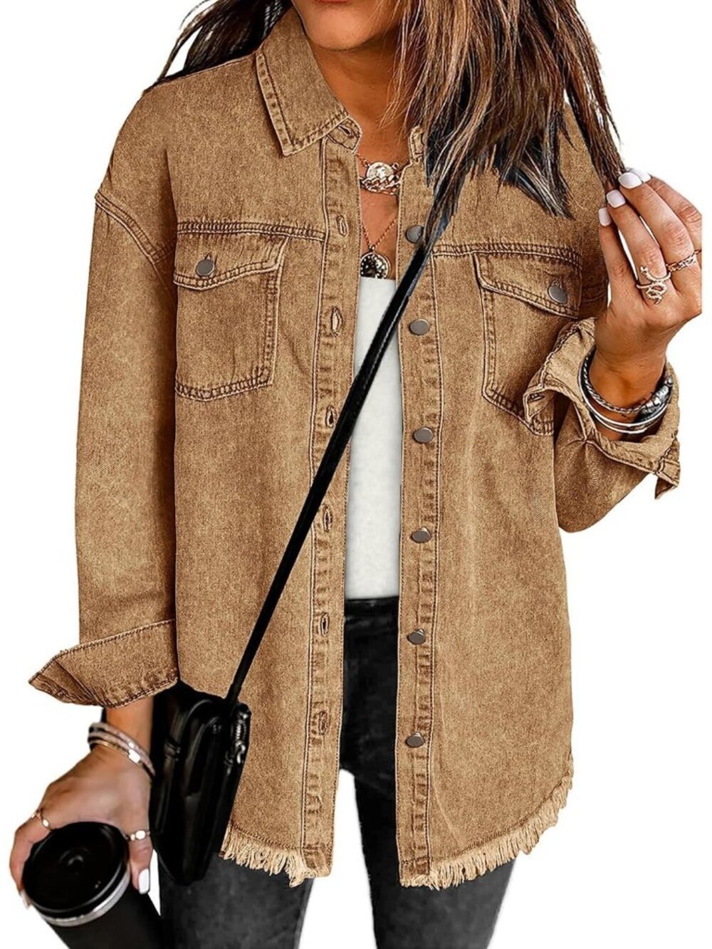 Women's Brown Oversized Button Down Casual Western Jean Jackets Long Sleeve